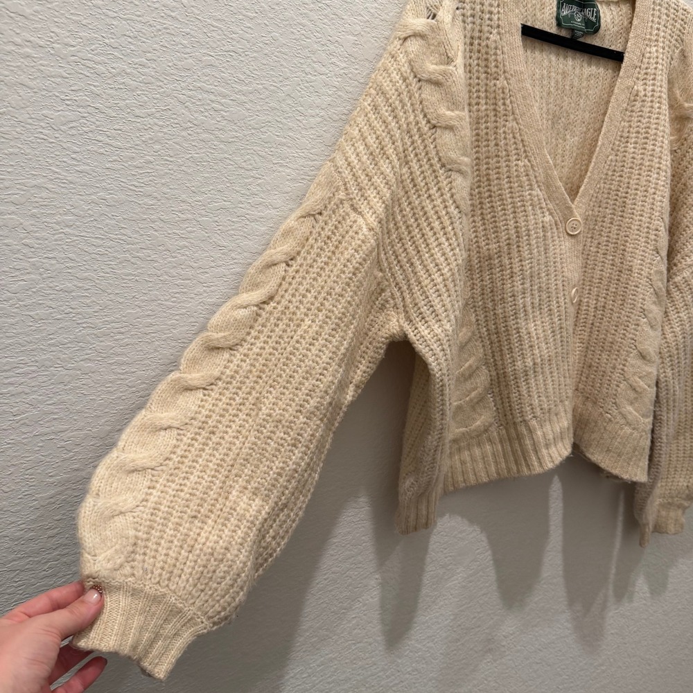 American Eagle Cream Cable Knit Oversized Cardigan Sweater XL Beige Boho - Picture 2 of 4